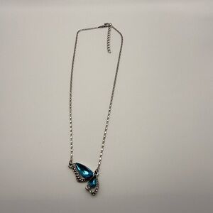 🛍️Silvertone Butterfly Pendant Necklace w/ Blue & Clear Gems • 17” + 2” Extender